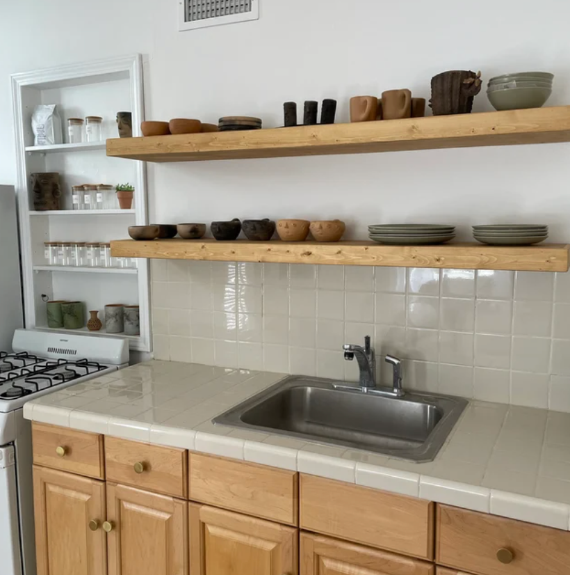 Pine Wood Floating Shelf with Hidden Bracket, Floating Shelves for Kitchen Storage