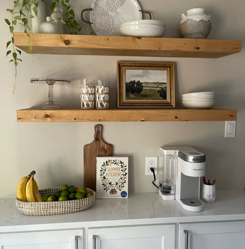 Pine Wood Floating Shelf with Hidden Bracket, Floating Shelves for Kitchen Storage